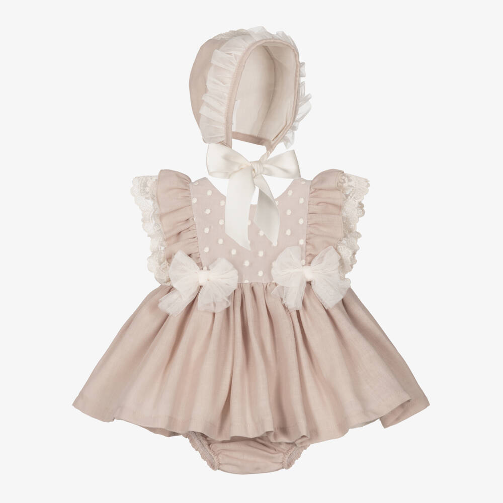 Abuela Tata-Girls Beige Lace Adorned Ensemble | Childrensalon Outlet
