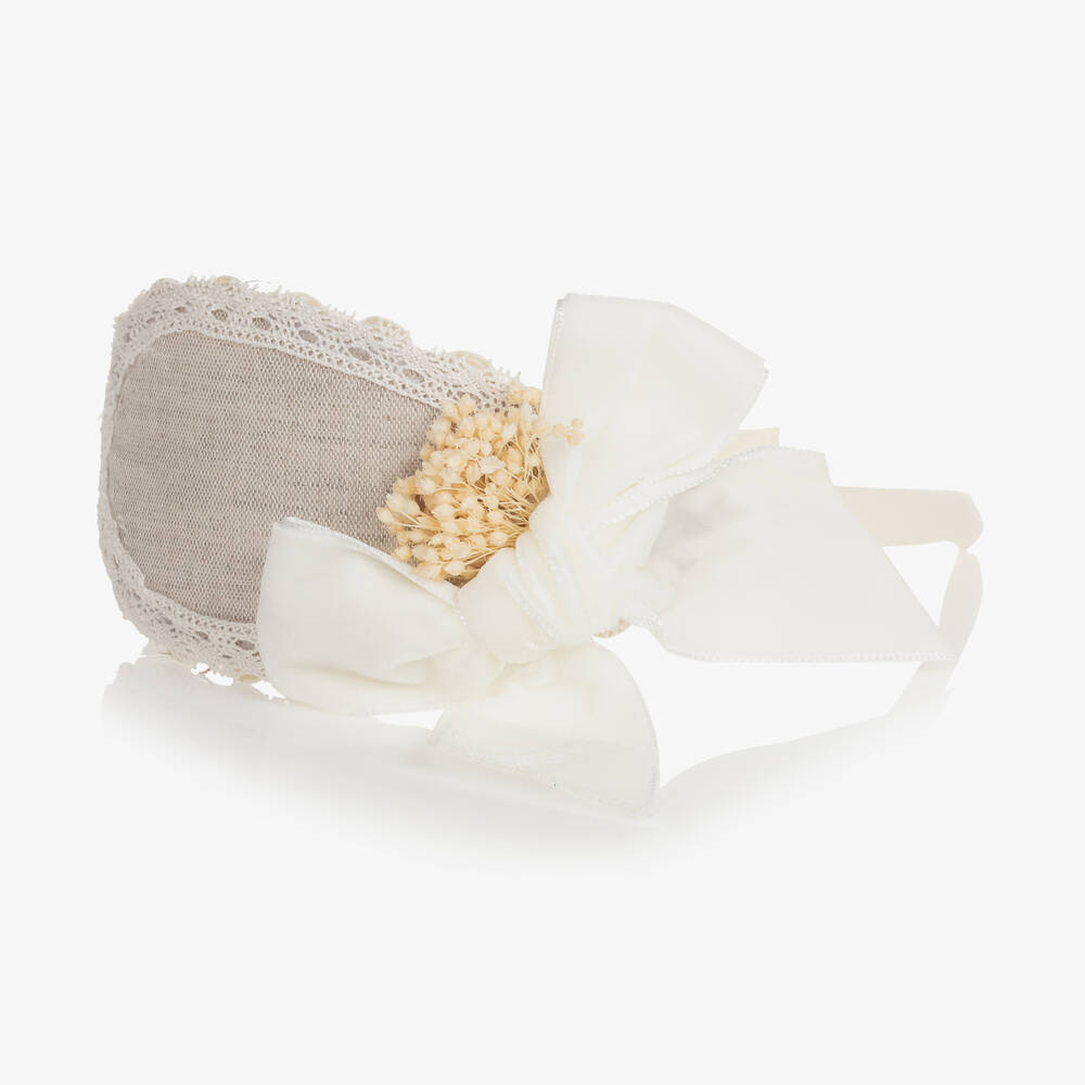 Abuela Tata-Girls Beige Lace & Bow Hairband | Childrensalon Outlet