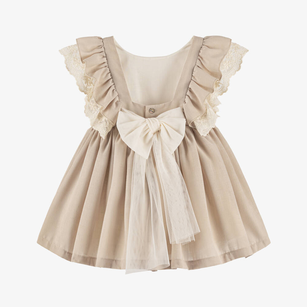Abuela Tata-Girls Beige Linen-Look Bow Dress | Childrensalon Outlet