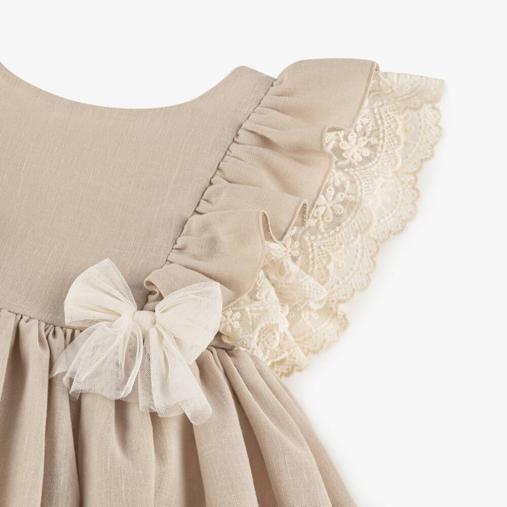 Abuela Tata-Girls Beige Linen-Look Bow Dress | Childrensalon Outlet