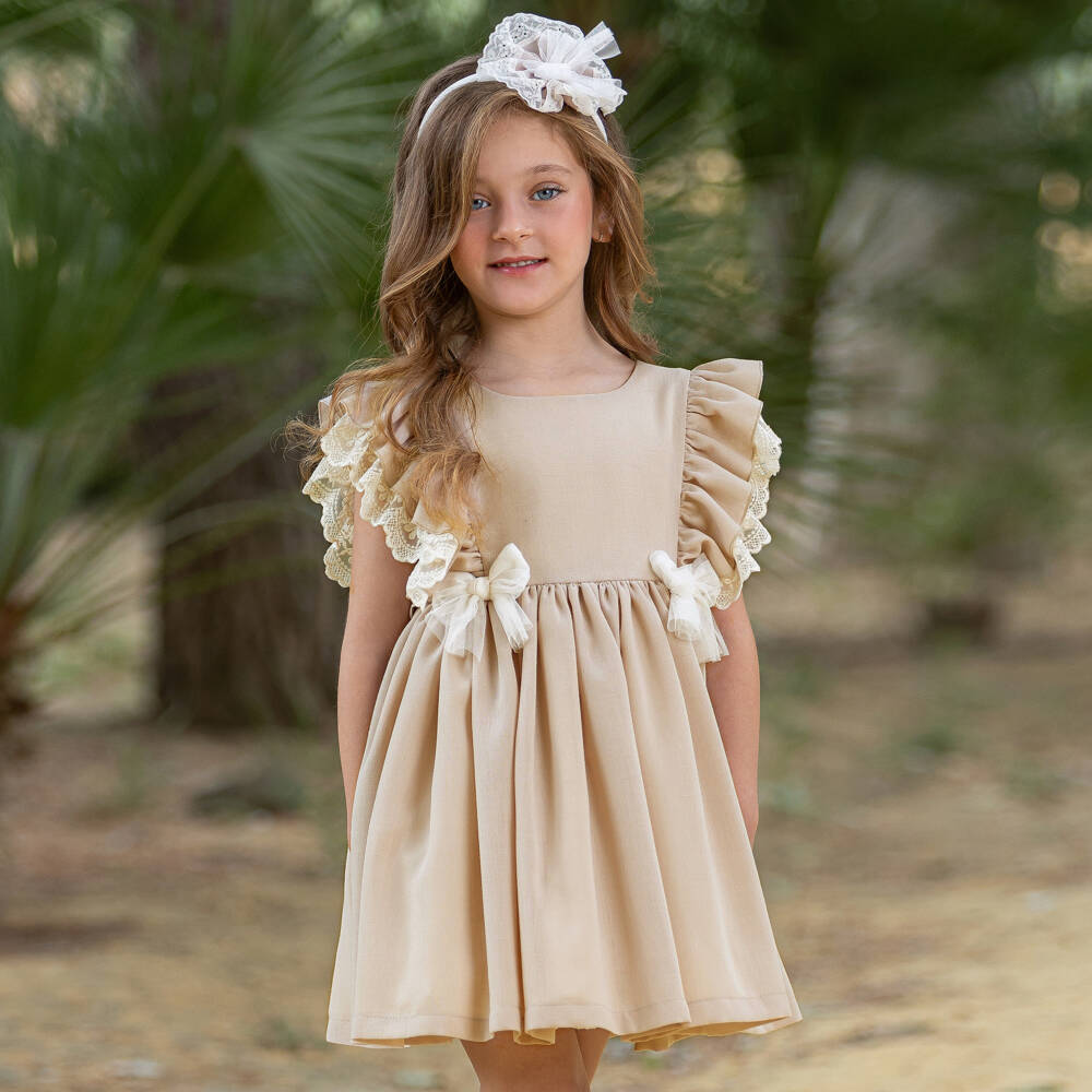 Abuela Tata-Girls Beige Linen-Look Bow Dress | Childrensalon Outlet