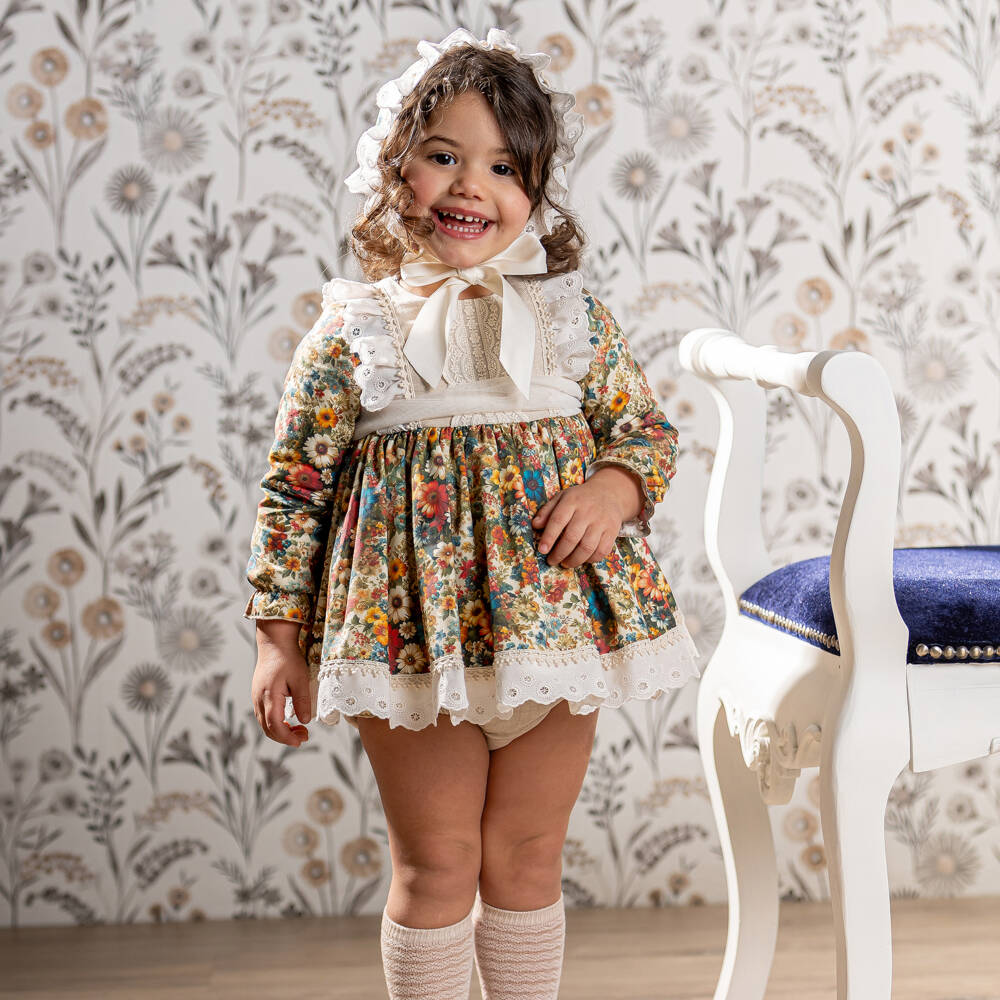 Abuela Tata-Girls Beige & Multicoloured Vintage Floral Print Dress Set | Childrensalon Outlet
