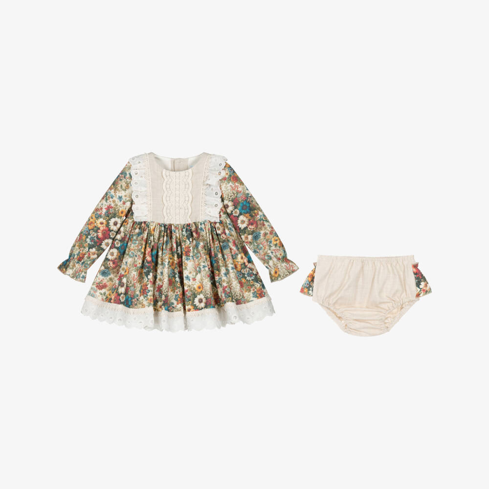 Abuela Tata-Girls Beige & Multicoloured Vintage Floral Print Dress Set | Childrensalon Outlet