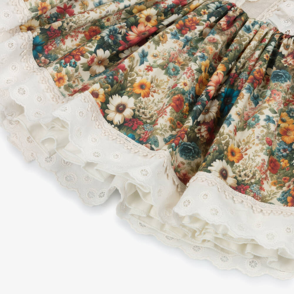 Abuela Tata-Girls Beige & Multicoloured Vintage Floral Print Dress Set | Childrensalon Outlet