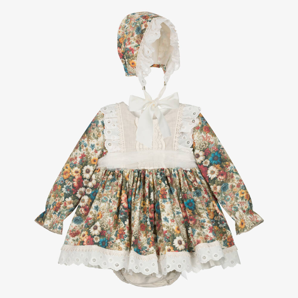 Abuela Tata-Girls Beige & Multicoloured Vintage Floral Print Dress Set | Childrensalon Outlet