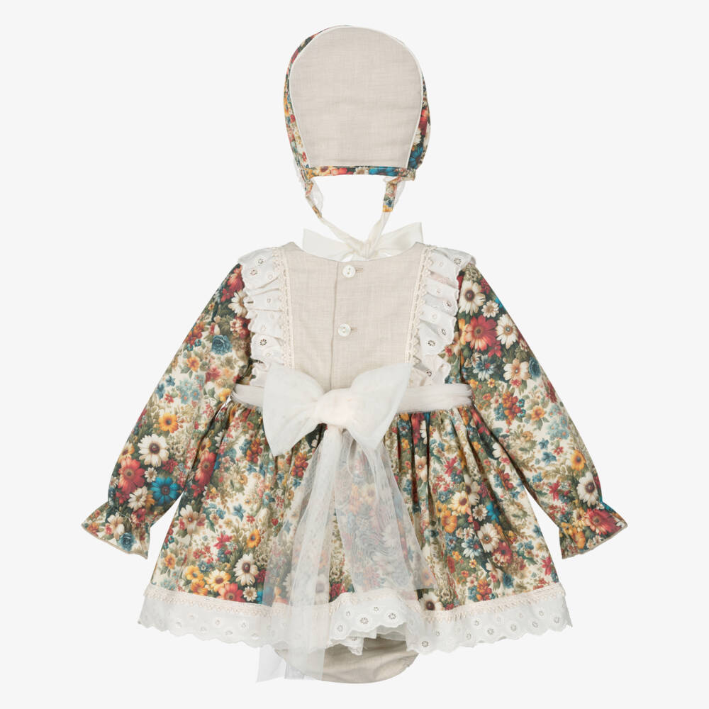 Abuela Tata-Girls Beige & Multicoloured Vintage Floral Print Dress Set | Childrensalon Outlet