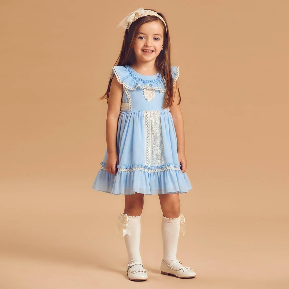 Abuela Tata-Girls Blue Cotton Dress with Ivory Lace | Childrensalon Outlet
