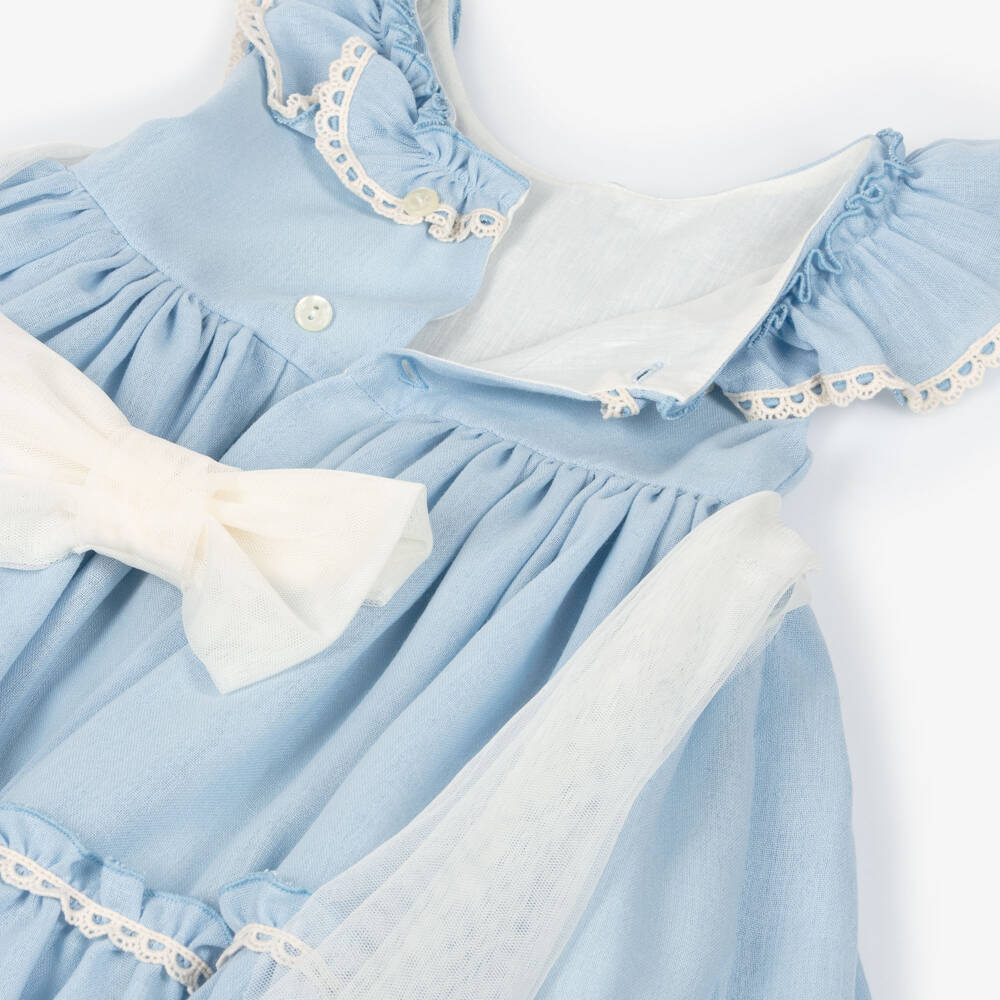 Abuela Tata-Girls Blue Cotton Dress with Ivory Lace | Childrensalon Outlet