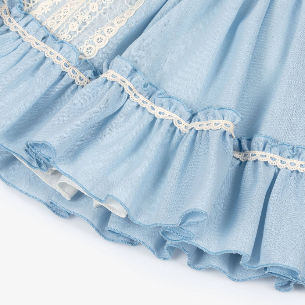 Abuela Tata-Girls Blue Cotton Dress with Ivory Lace | Childrensalon Outlet