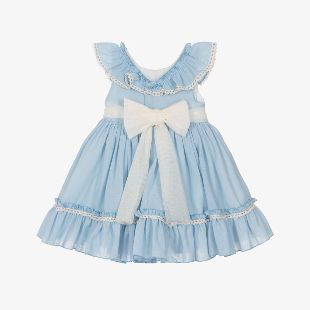 Abuela Tata-Girls Blue Cotton Dress with Ivory Lace | Childrensalon Outlet