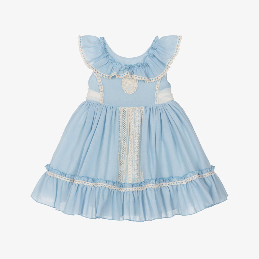 Abuela Tata-Girls Blue Cotton Dress with Ivory Lace | Childrensalon Outlet