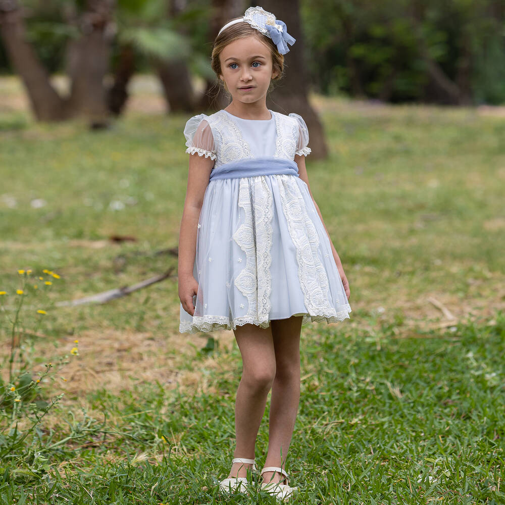 Abuela Tata-فستان تول ودانتيل لون عاجي وأزرق | Childrensalon Outlet