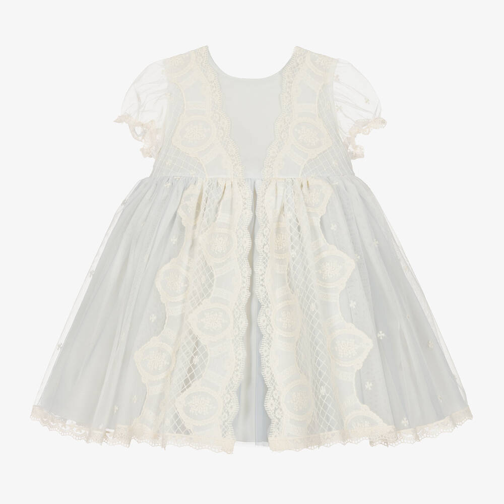 Abuela Tata-فستان تول ودانتيل لون عاجي وأزرق | Childrensalon Outlet