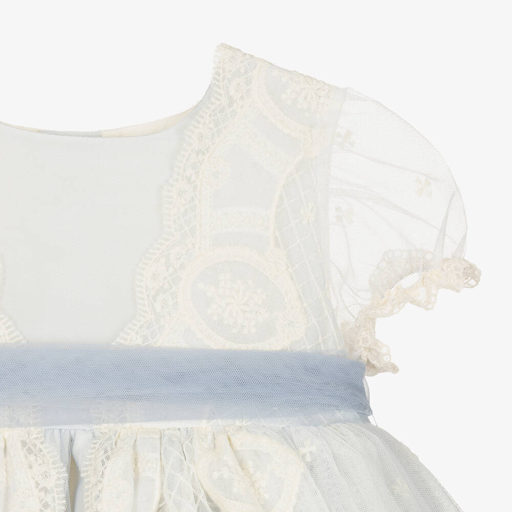 Abuela Tata-فستان تول ودانتيل لون عاجي وأزرق | Childrensalon Outlet