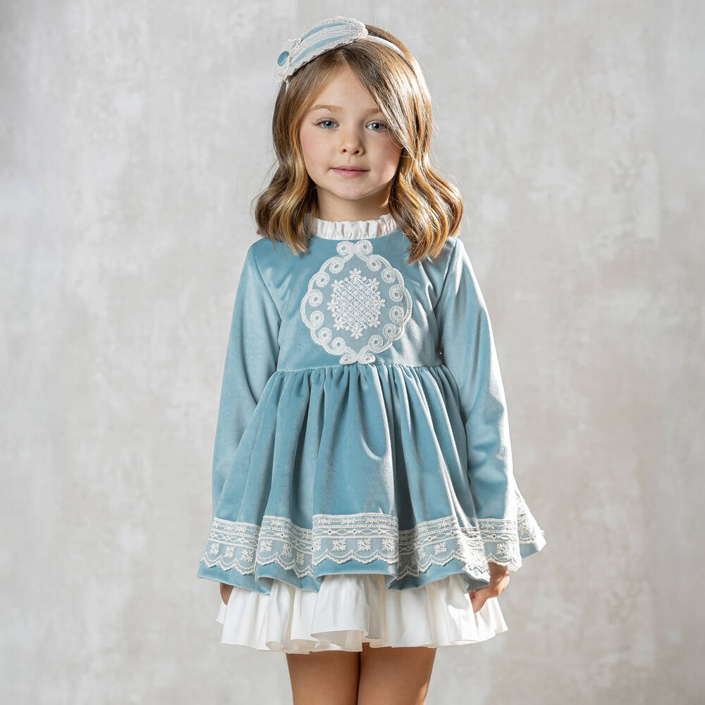 Abuela Tata-Girls Blue Velvet & Ivory Lace Dress | Childrensalon Outlet