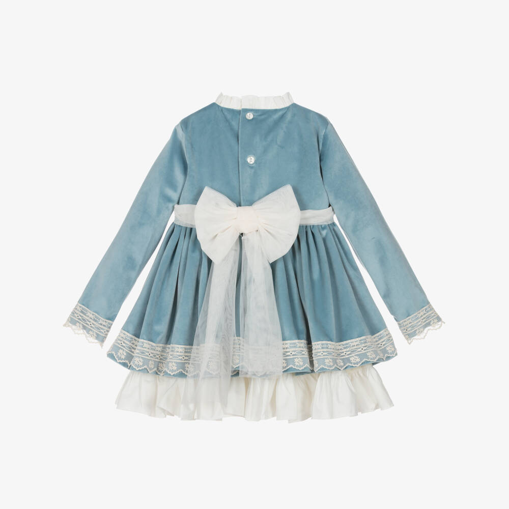 Abuela Tata-Girls Blue Velvet & Ivory Lace Dress | Childrensalon Outlet