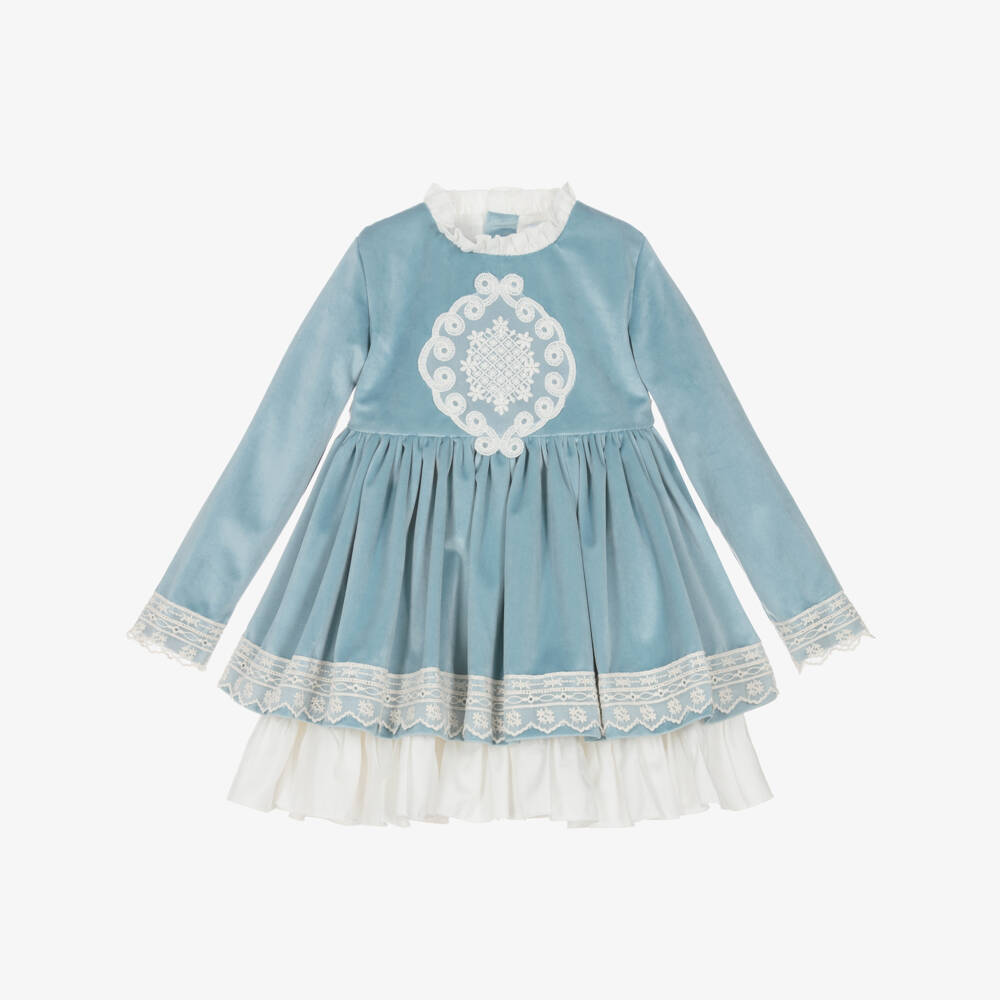 Abuela Tata-Girls Blue Velvet & Ivory Lace Dress | Childrensalon Outlet