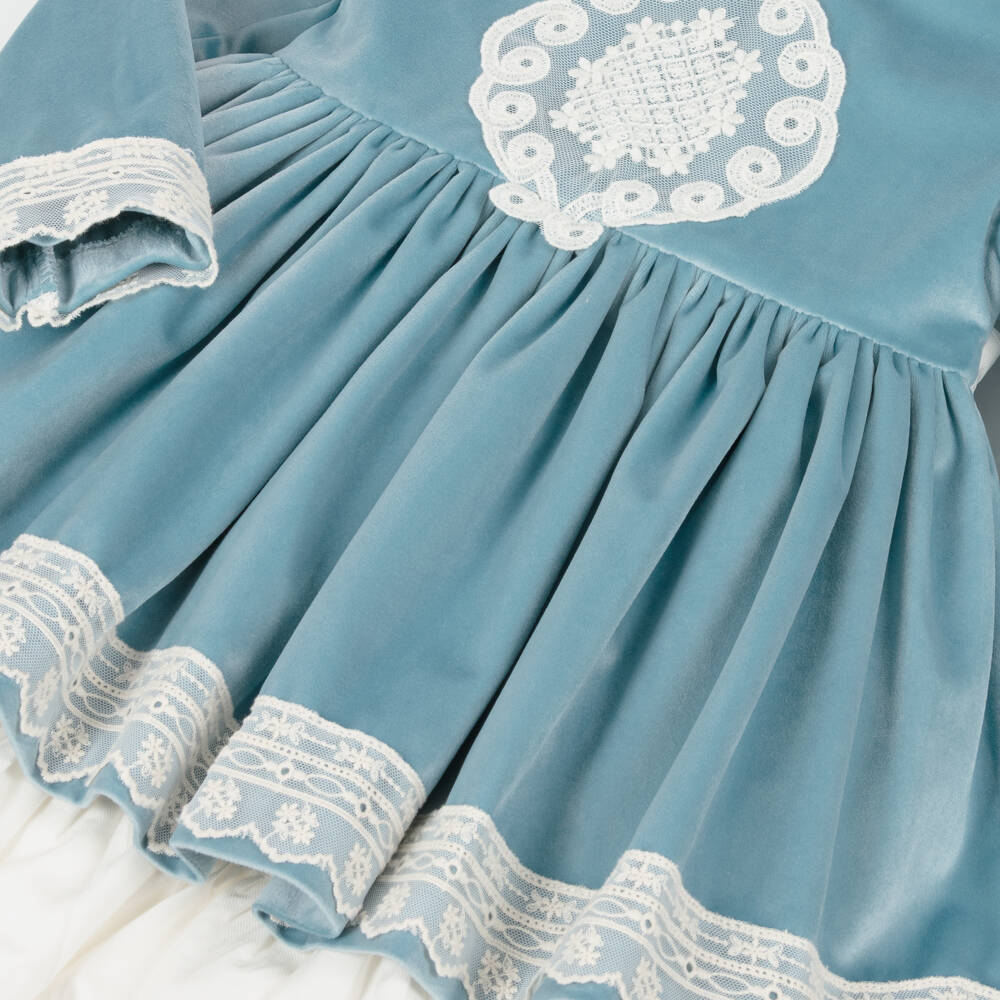 Abuela Tata-Girls Blue Velvet & Ivory Lace Dress | Childrensalon Outlet