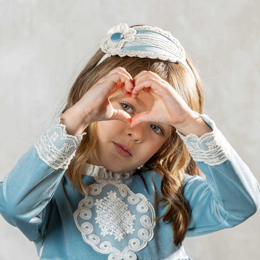 Abuela Tata-Girls Blue Velvet & Ivory Lace Hairband | Childrensalon Outlet