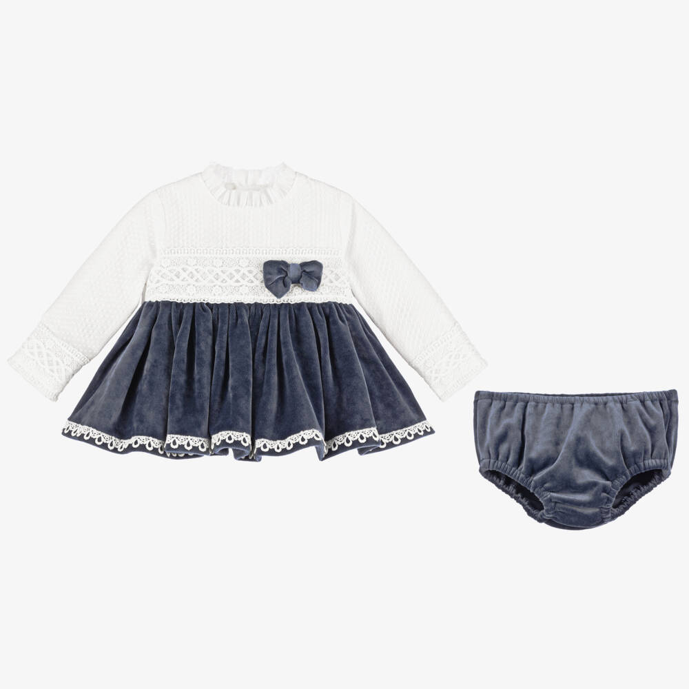 Abuela Tata-Girls Blue Velvet Lace Dress Set | Childrensalon Outlet