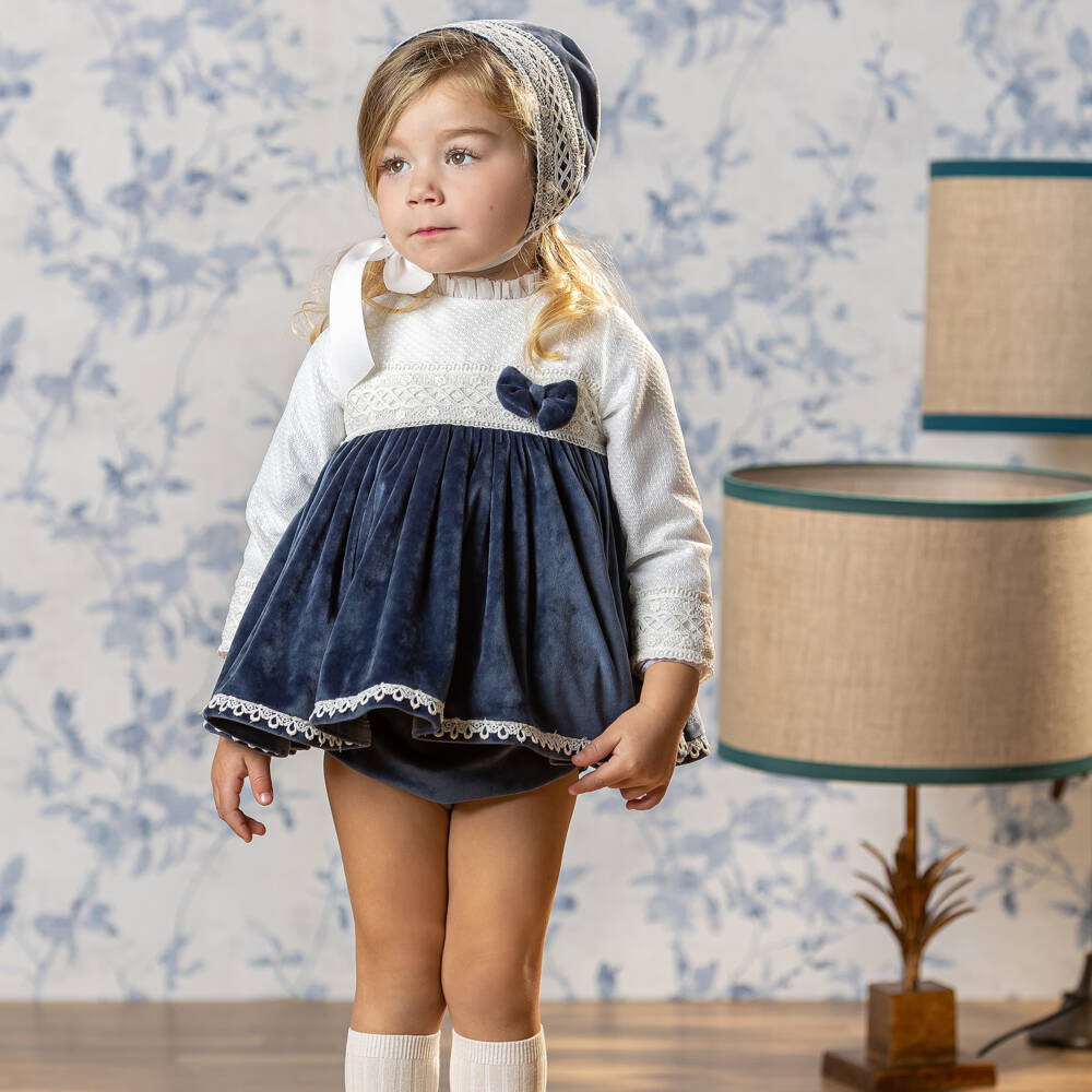 Abuela Tata-Girls Blue Velvet Lace Dress Set | Childrensalon Outlet