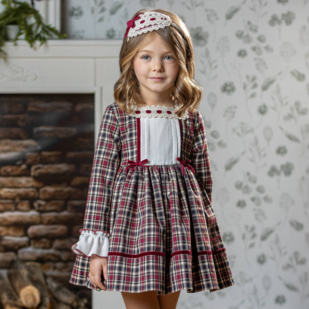 Abuela Tata-Girls Burgundy Red & Beige Check Dress | Childrensalon Outlet