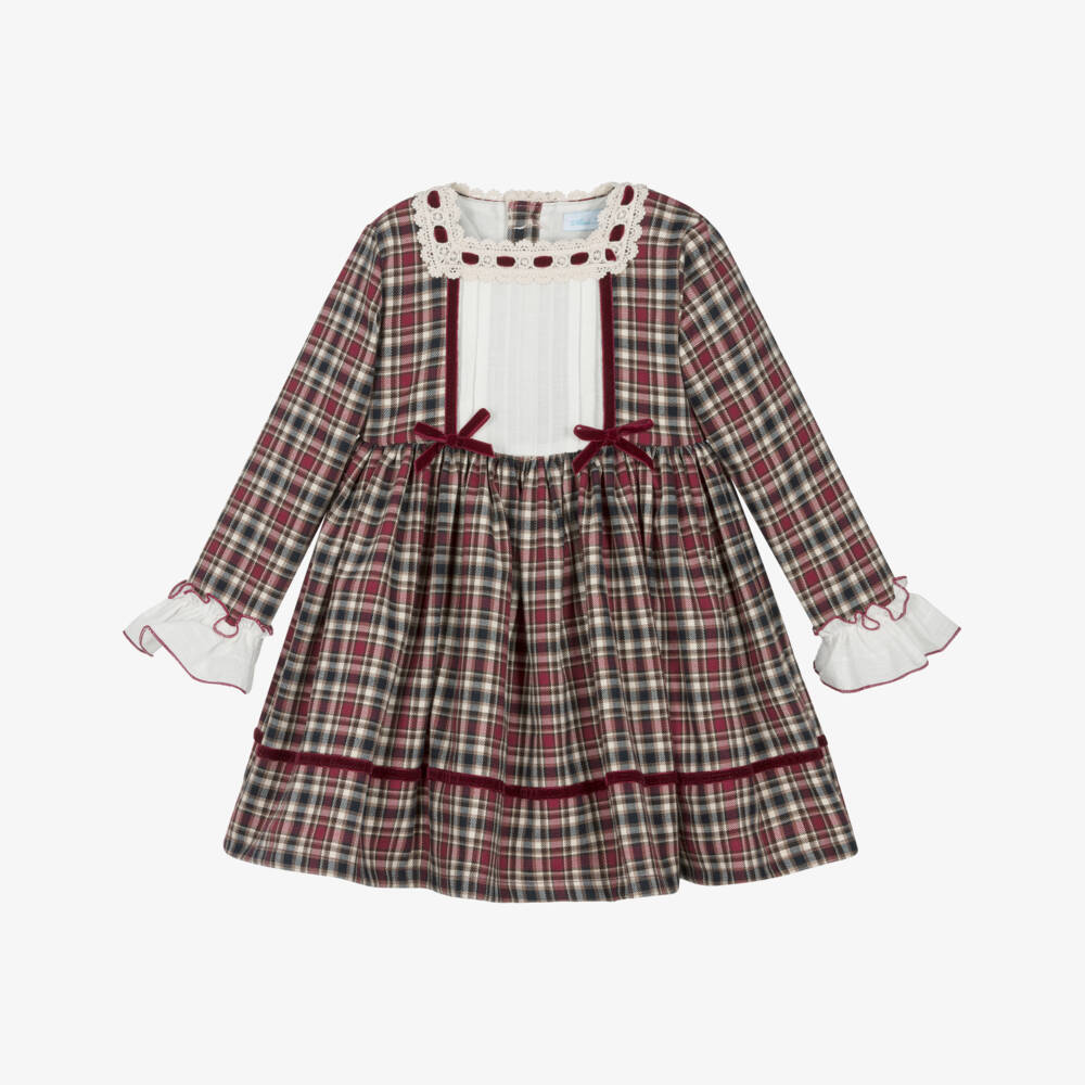 Abuela Tata-Girls Burgundy Red & Beige Check Dress | Childrensalon Outlet