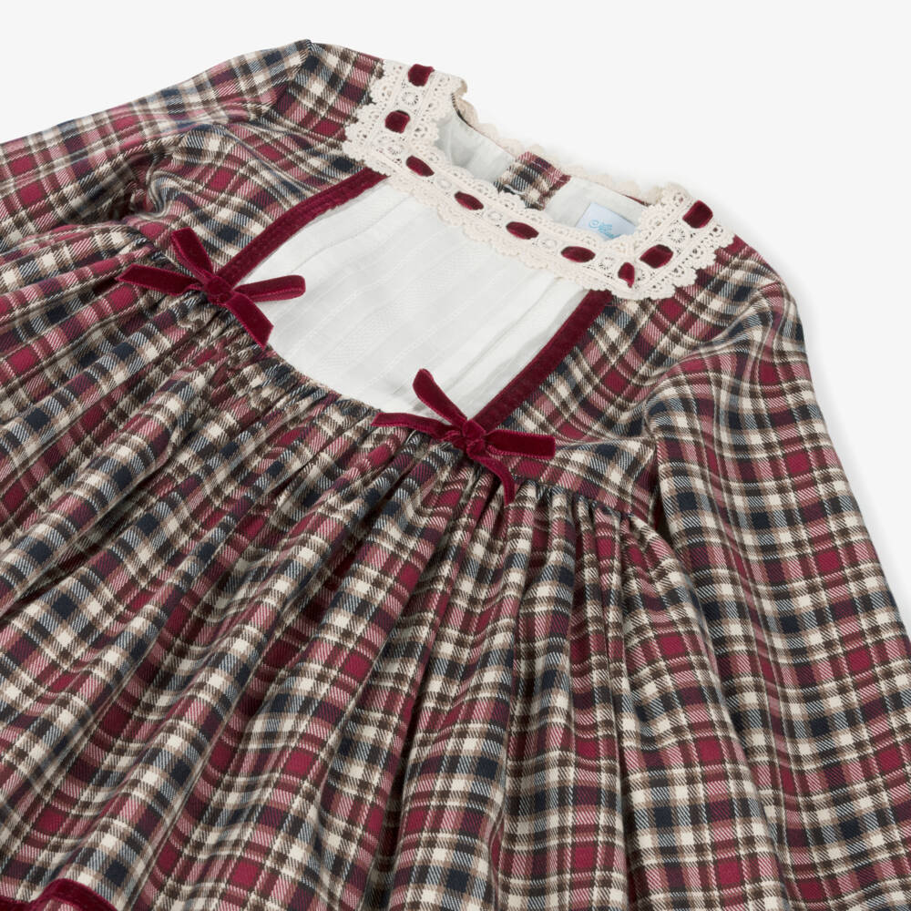 Abuela Tata-Girls Burgundy Red & Beige Check Dress | Childrensalon Outlet