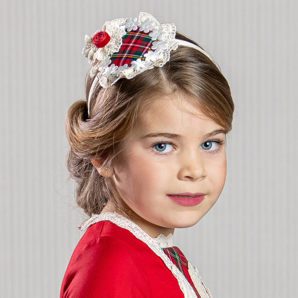 Abuela Tata-Girls Cream & Scarlet Tartan Headband | Childrensalon Outlet