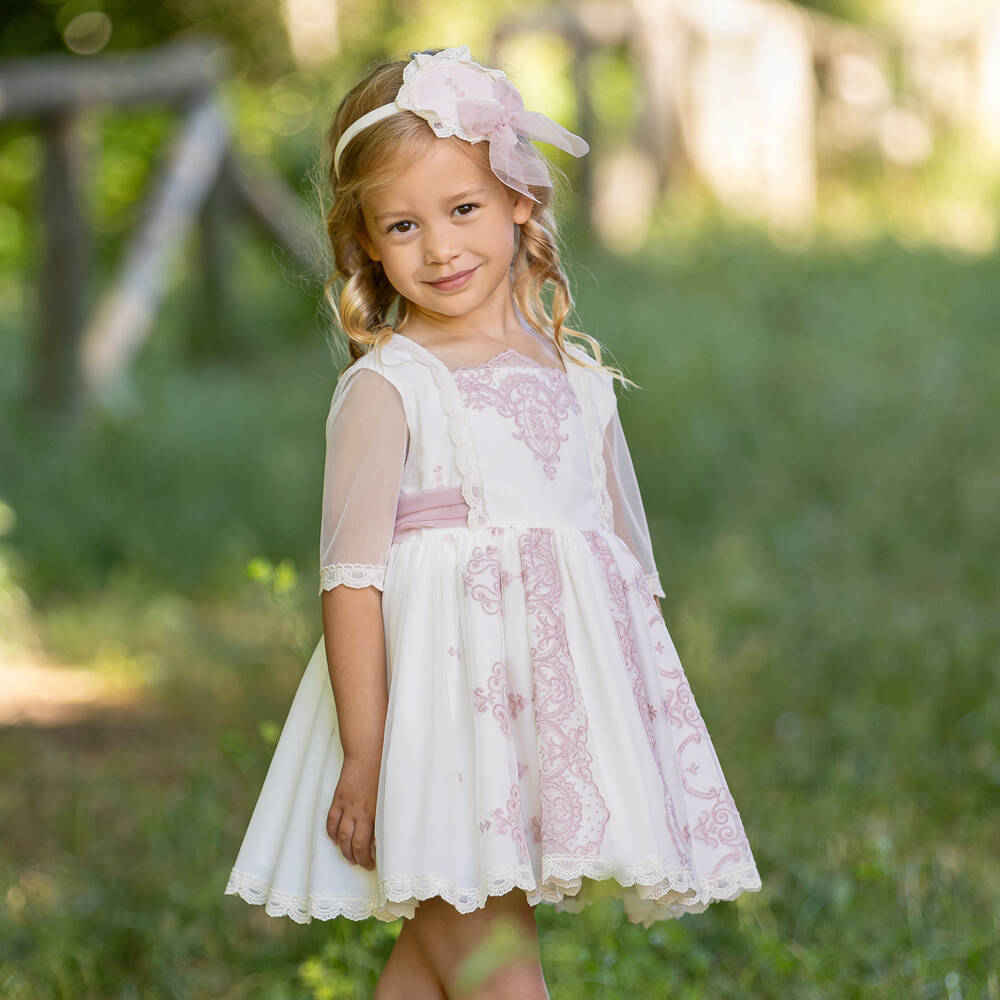 Abuela Tata-فستان فاخر عاجي ووردي للبنات | Childrensalon Outlet