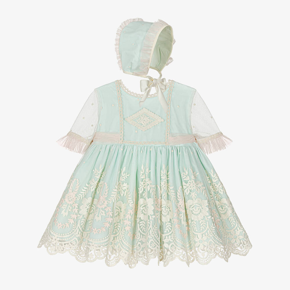 Abuela Tata-Girls Green Floral Embroidered Dress Set | Childrensalon Outlet