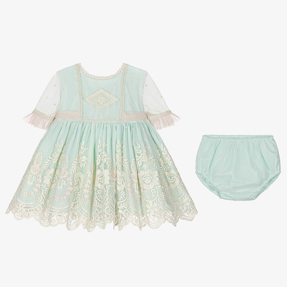 Abuela Tata-Зеленый комплект с платьем с вышитыми цветами для девочек | Childrensalon Outlet