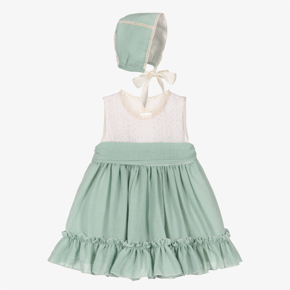 Abuela Tata-Girls Green & Ivory Cotton Dress Set | Childrensalon Outlet