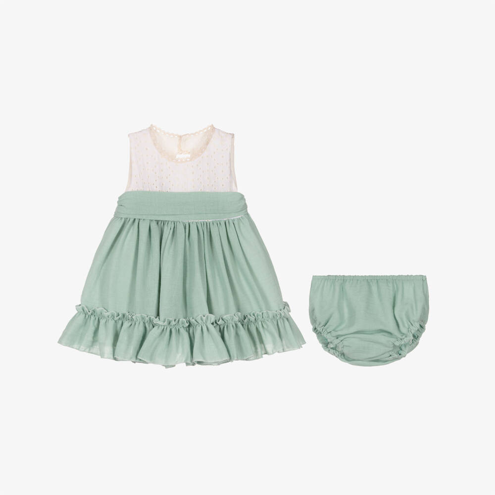 Abuela Tata-Girls Green & Ivory Cotton Dress Set | Childrensalon Outlet