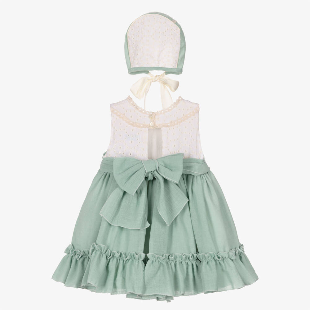 Abuela Tata-Girls Green & Ivory Cotton Dress Set | Childrensalon Outlet