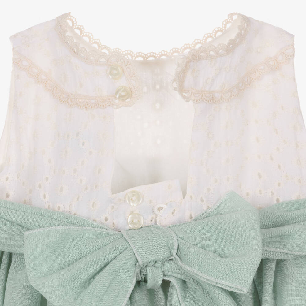 Abuela Tata-Girls Green & Ivory Cotton Dress Set | Childrensalon Outlet