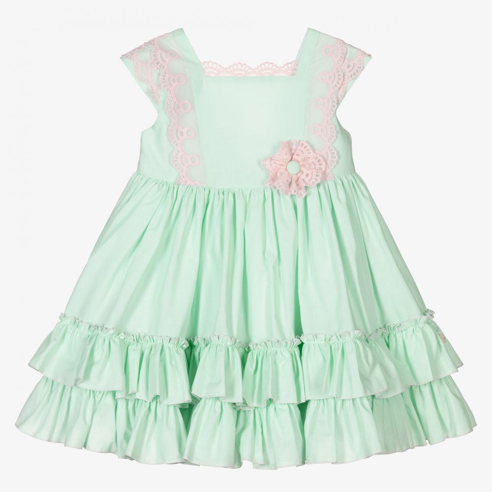 Abuela Tata - Grünes Kleid mit rosa Spitze (M)  | Childrensalon