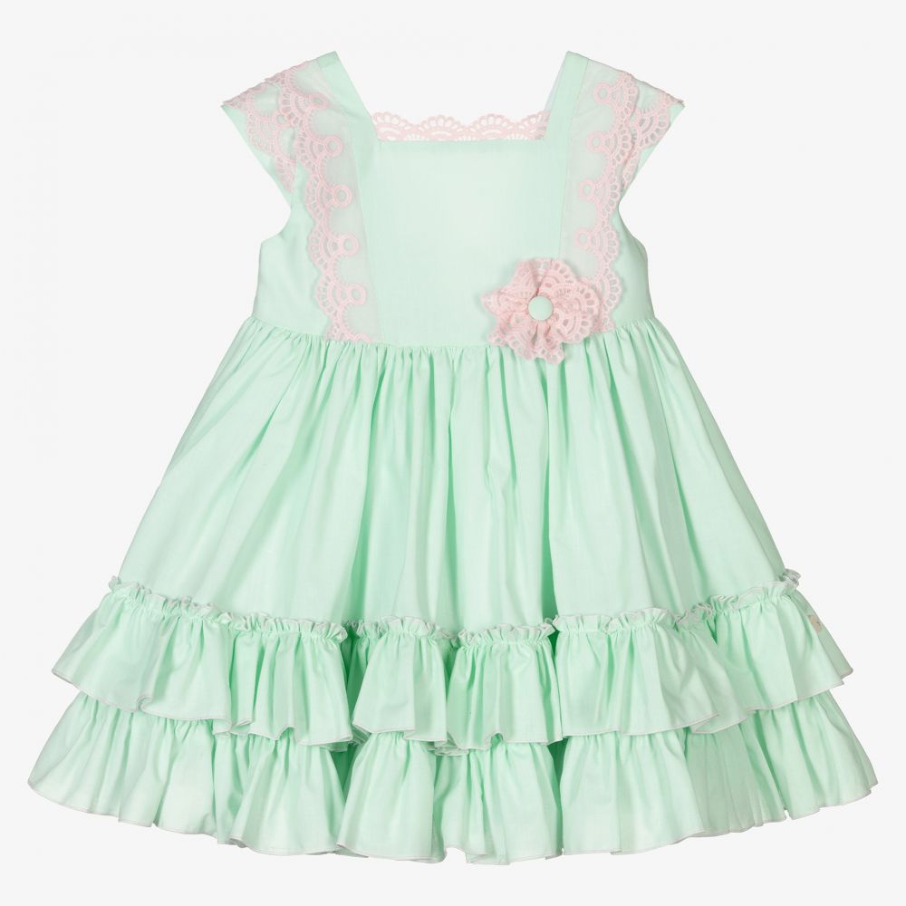 Abuela Tata - Robe verte/rose à dentelle Fille  | Childrensalon