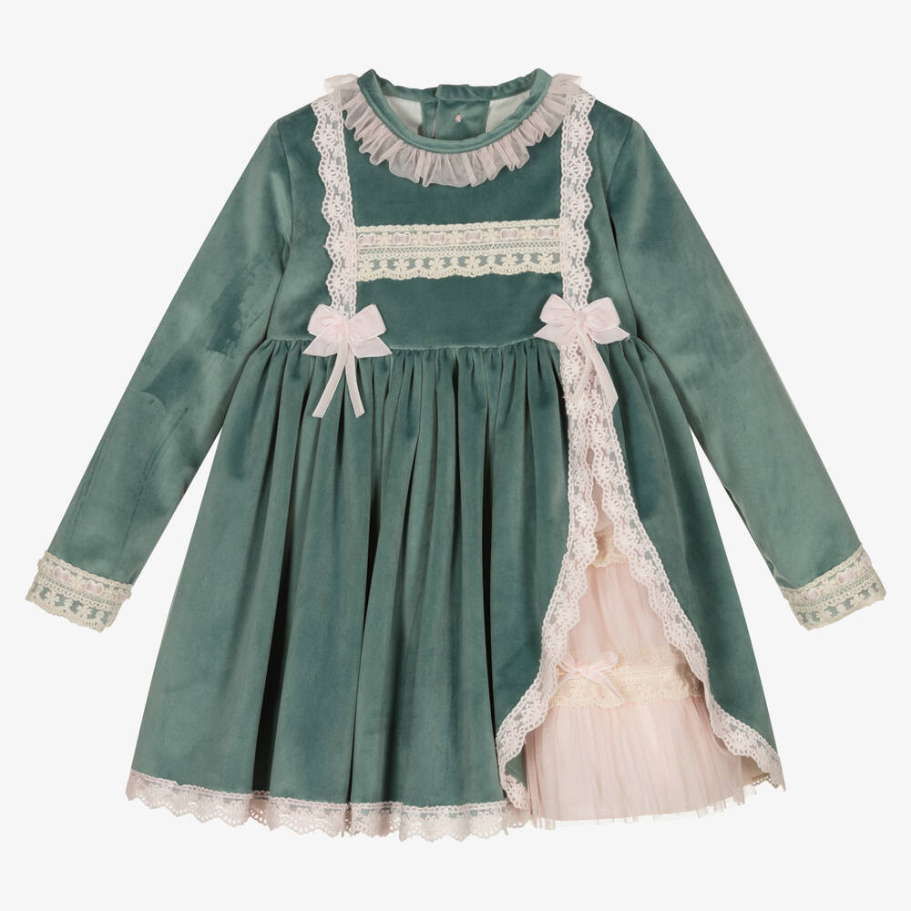 Abuela Tata - Girls Green Velvet Dress | Childrensalon