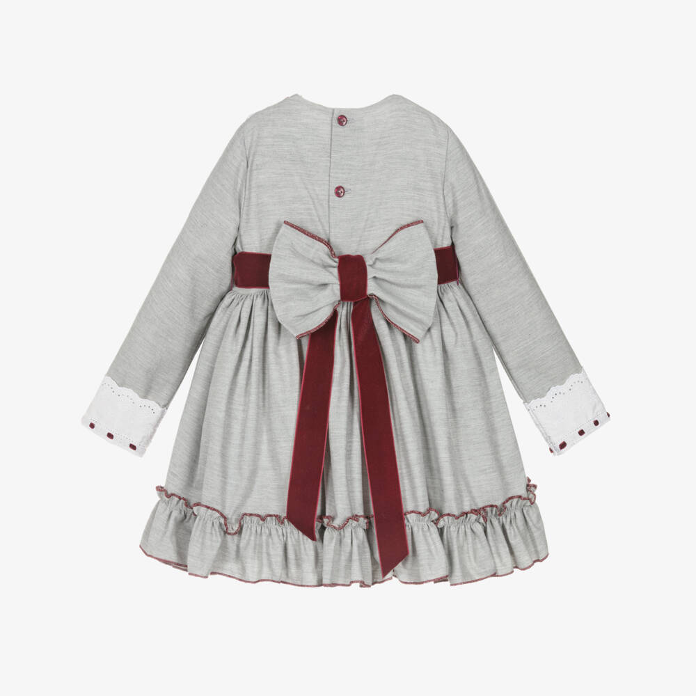 Abuela Tata-Girls Grey & Burgundy Red Cotton Dress with Lace Trims | Childrensalon Outlet