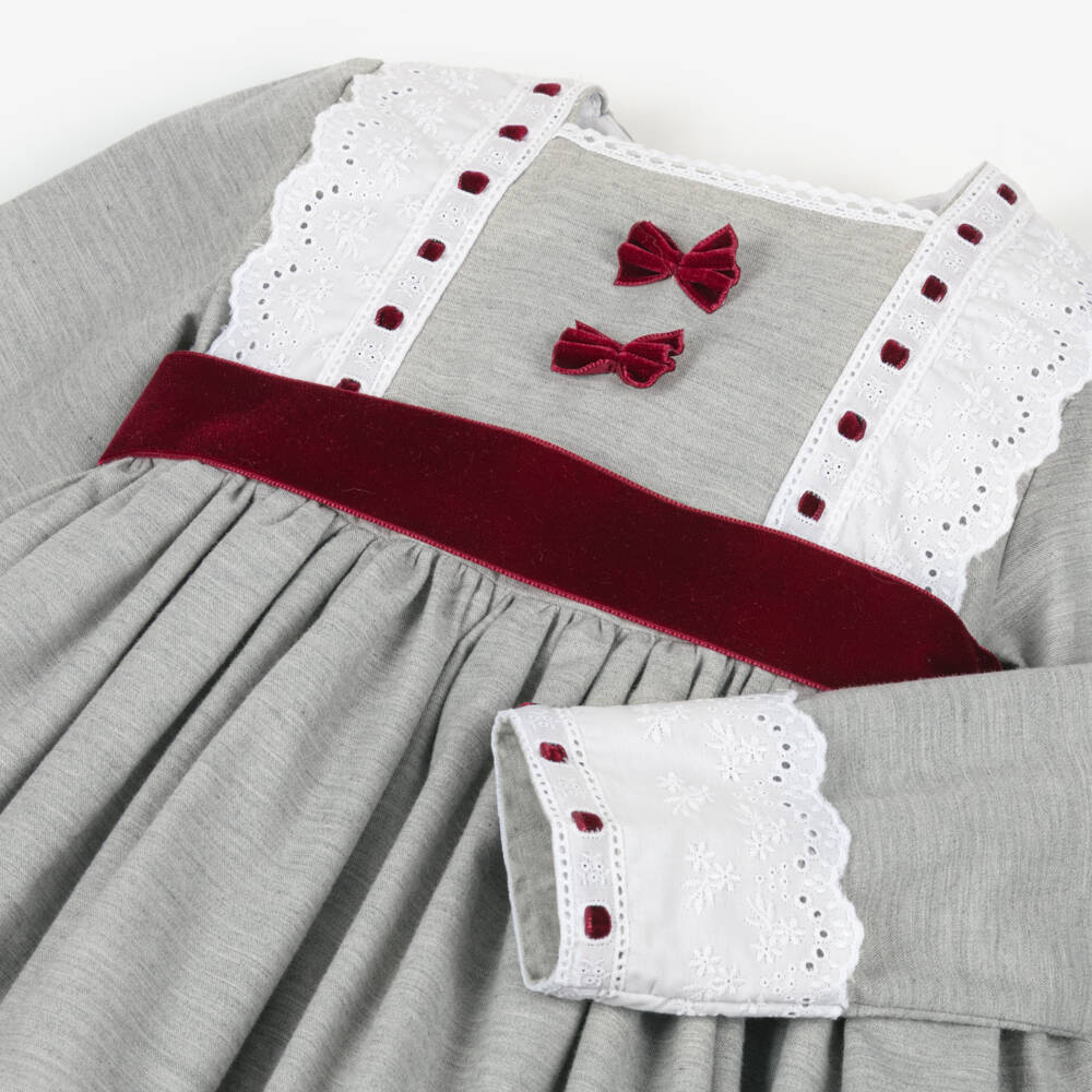 Abuela Tata-Girls Grey & Burgundy Red Cotton Dress with Lace Trims | Childrensalon Outlet
