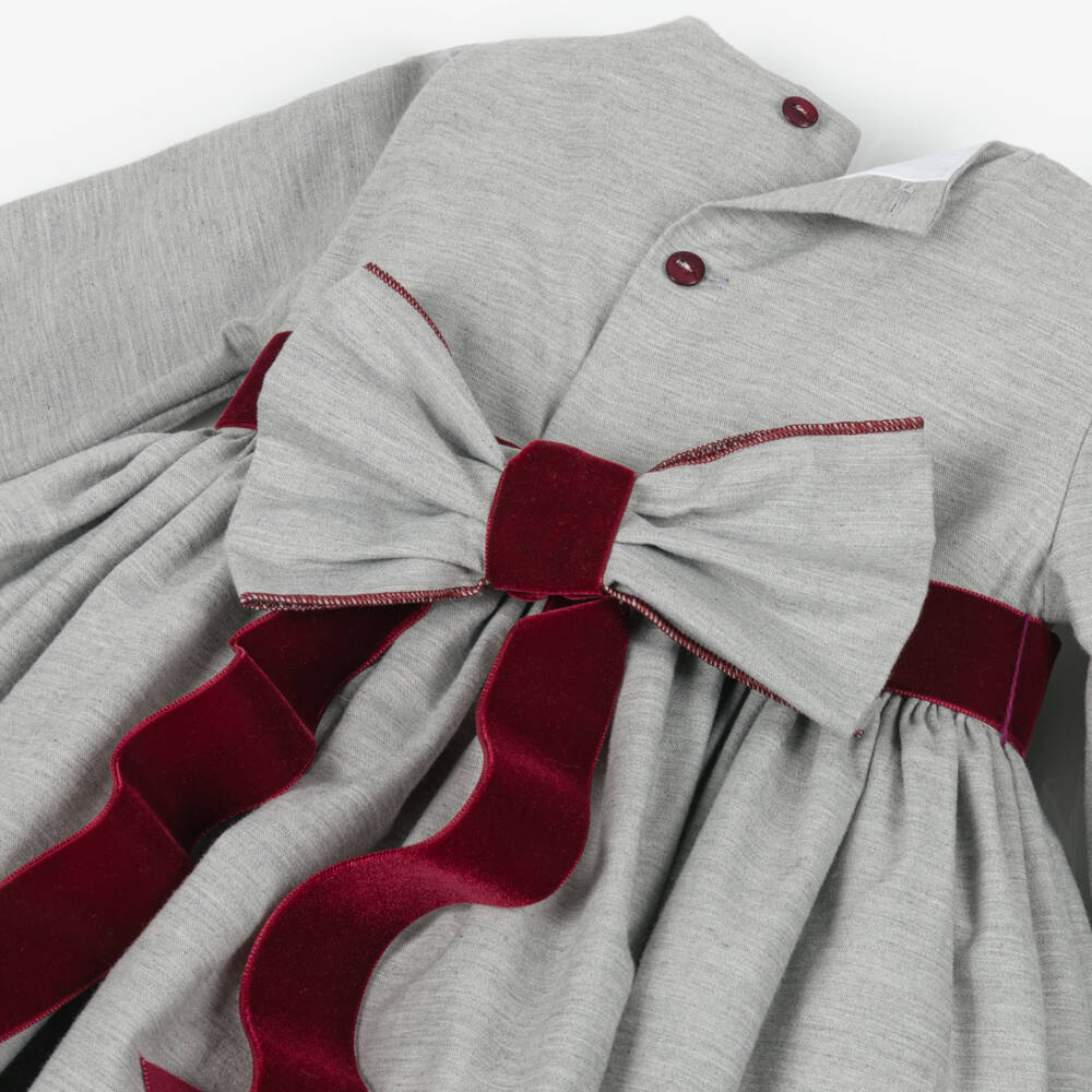 Abuela Tata-Girls Grey & Burgundy Red Cotton Dress with Lace Trims | Childrensalon Outlet