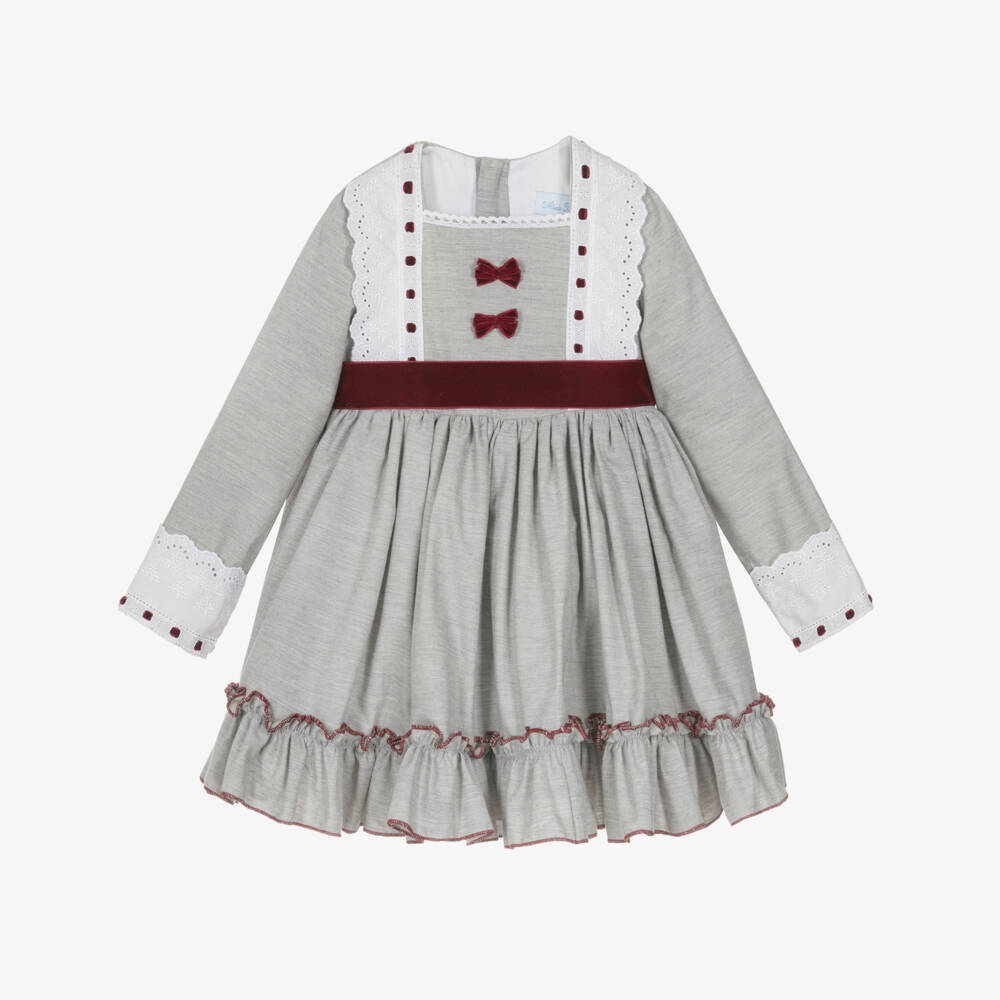 Abuela Tata-Girls Grey & Burgundy Red Cotton Dress with Lace Trims | Childrensalon Outlet