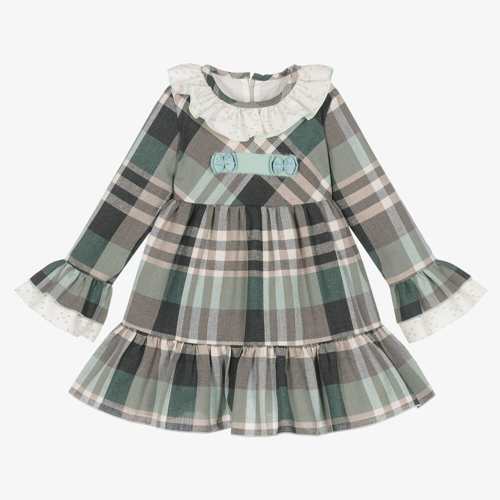 Abuela Tata - Girls Grey & Turquoise Green Check Dress | Childrensalon