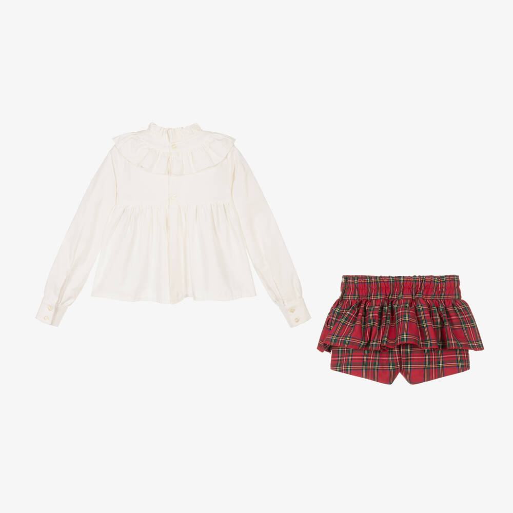 Abuela Tata-Girls Ivory and Red Check Shorts Ensemble | Childrensalon Outlet