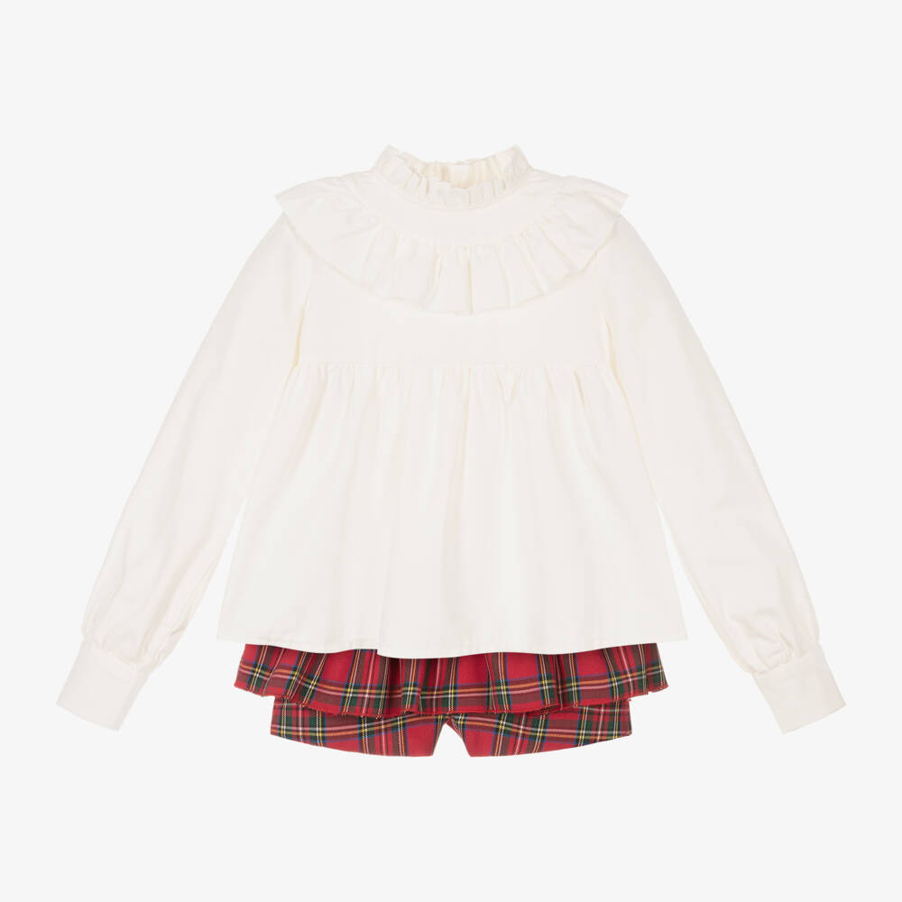 Abuela Tata-Girls Ivory and Red Check Shorts Ensemble | Childrensalon Outlet