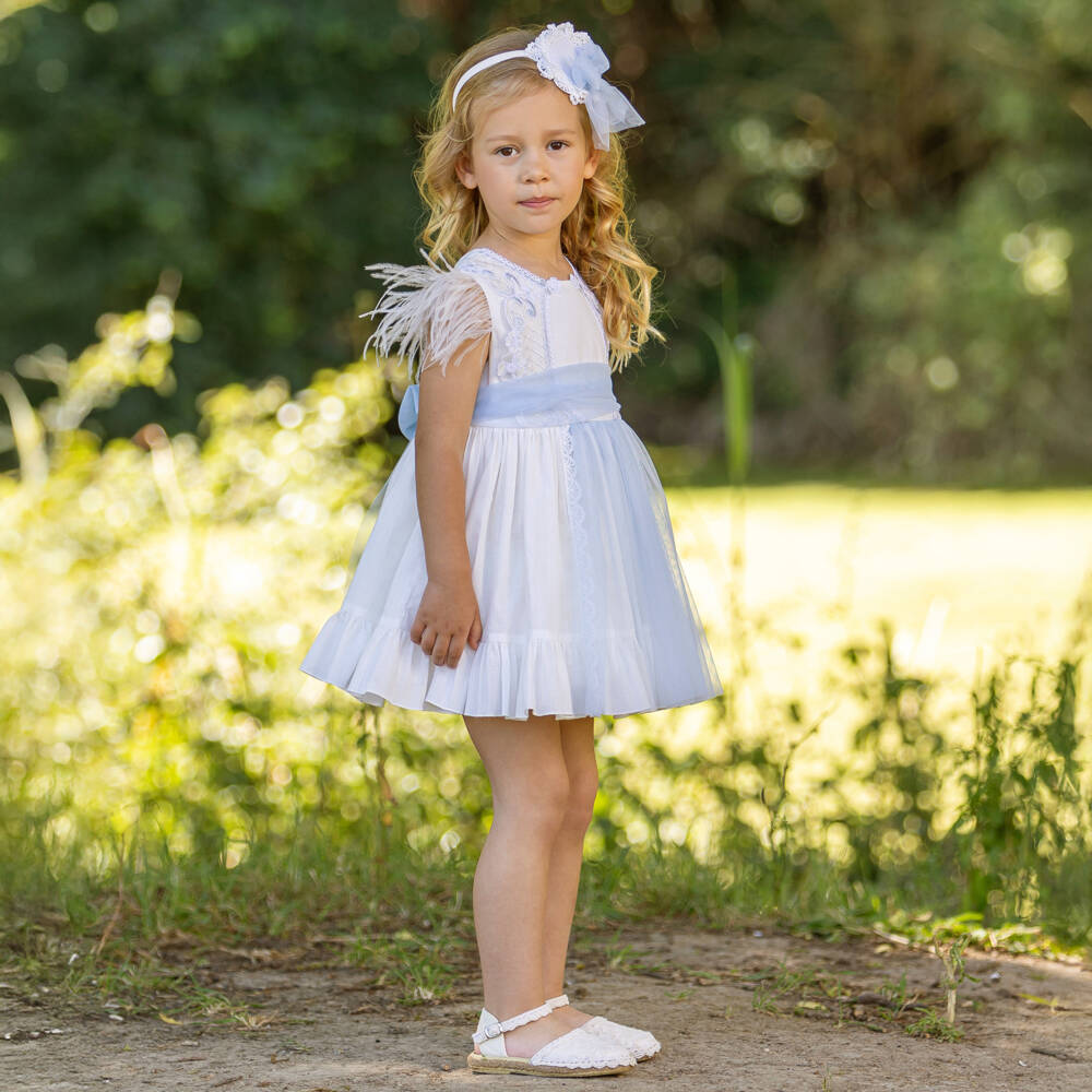 Abuela Tata-فستان عاجي وأزرق مزين بالريش للبنات | Childrensalon Outlet