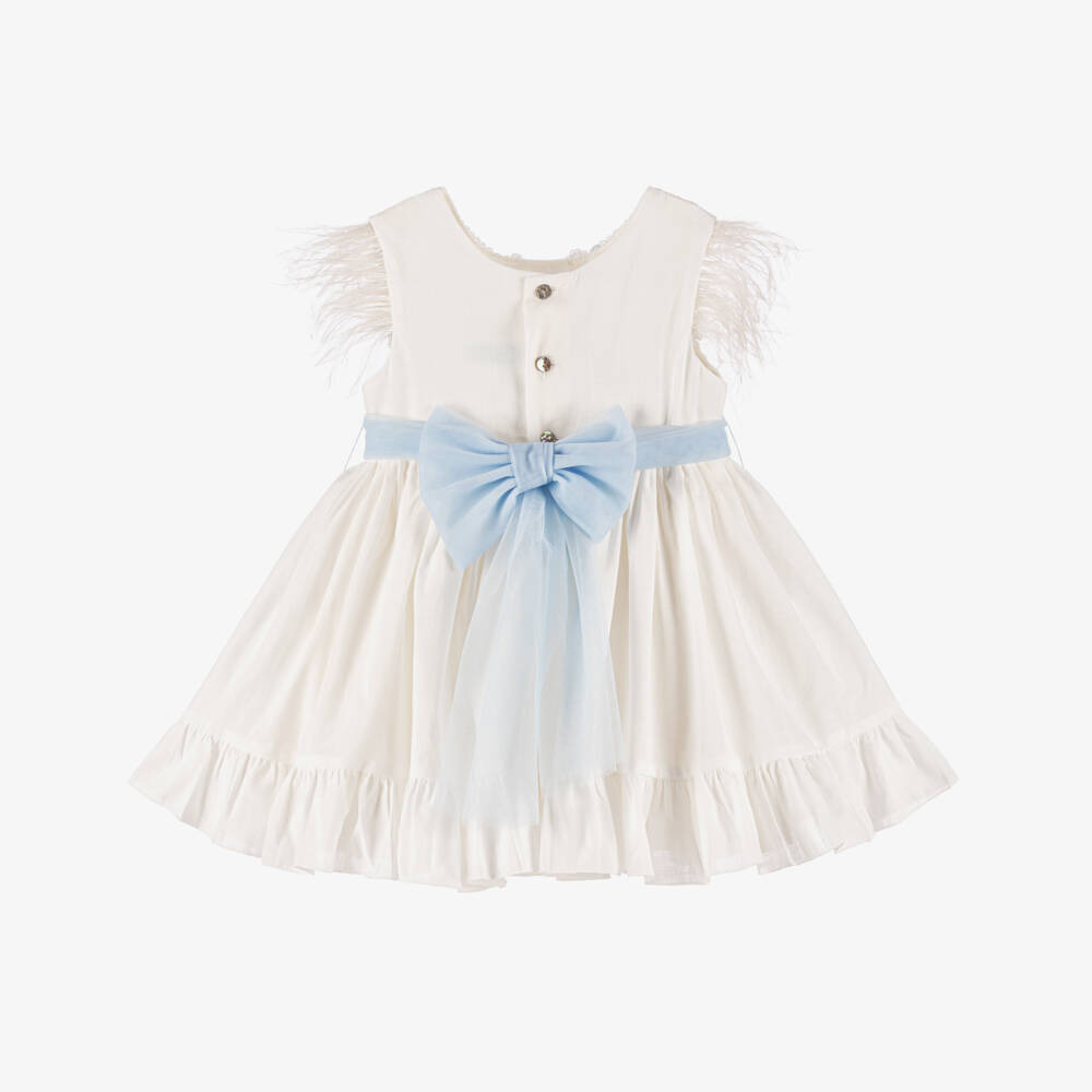 Abuela Tata-فستان عاجي وأزرق مزين بالريش للبنات | Childrensalon Outlet
