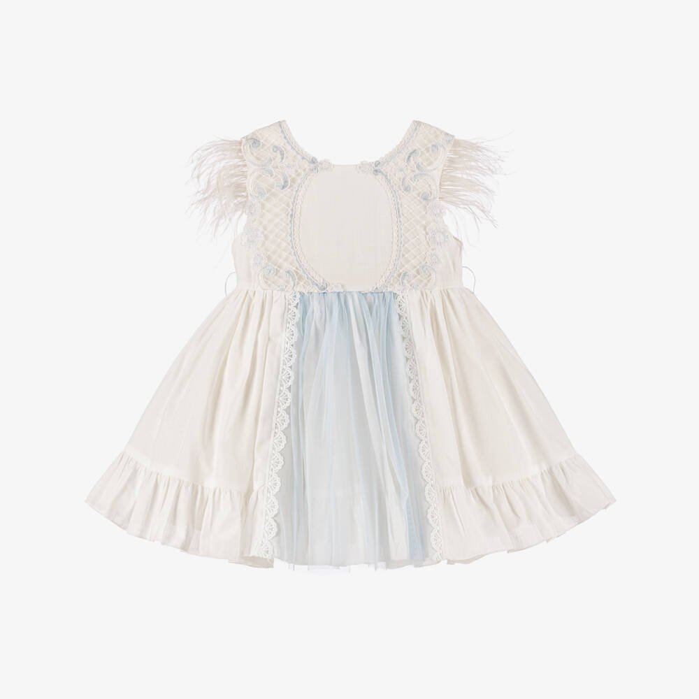 Abuela Tata-فستان عاجي وأزرق مزين بالريش للبنات | Childrensalon Outlet