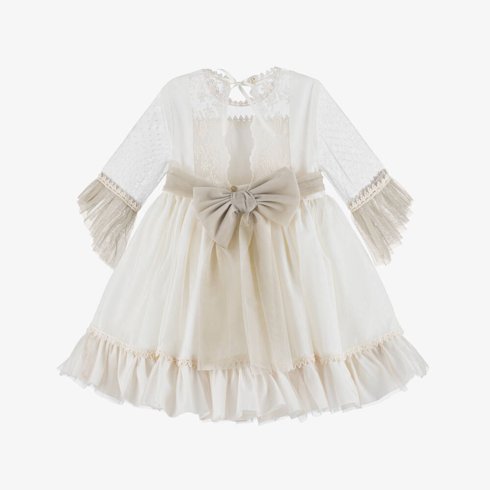 Abuela Tata-Girls Ivory & Beige Embroidered Tulle & Lace Dress | Childrensalon Outlet